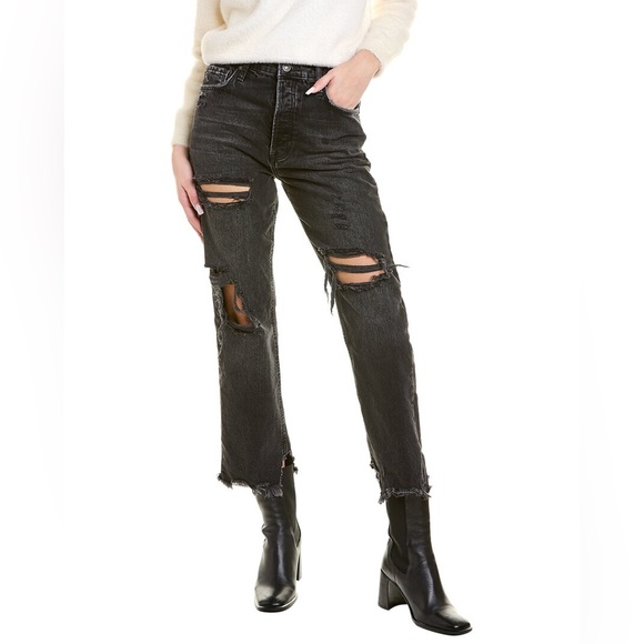 Free People We The Free Tapered Baggy Boyfriend Distressed Jeans Obsidian NEW - Picture 4 of 16